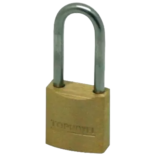 Candado de seguridad 20 mm de latón con arco largo, resistente y compacto, ideal para puertas, armarios, ganchos y uso interior o exterior.