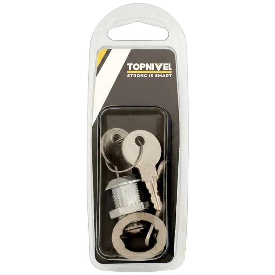 Cerradura de buzón de 20 mm marca Nivel con cilindro cromado brillante, dos llaves y leva curva de seguridad.