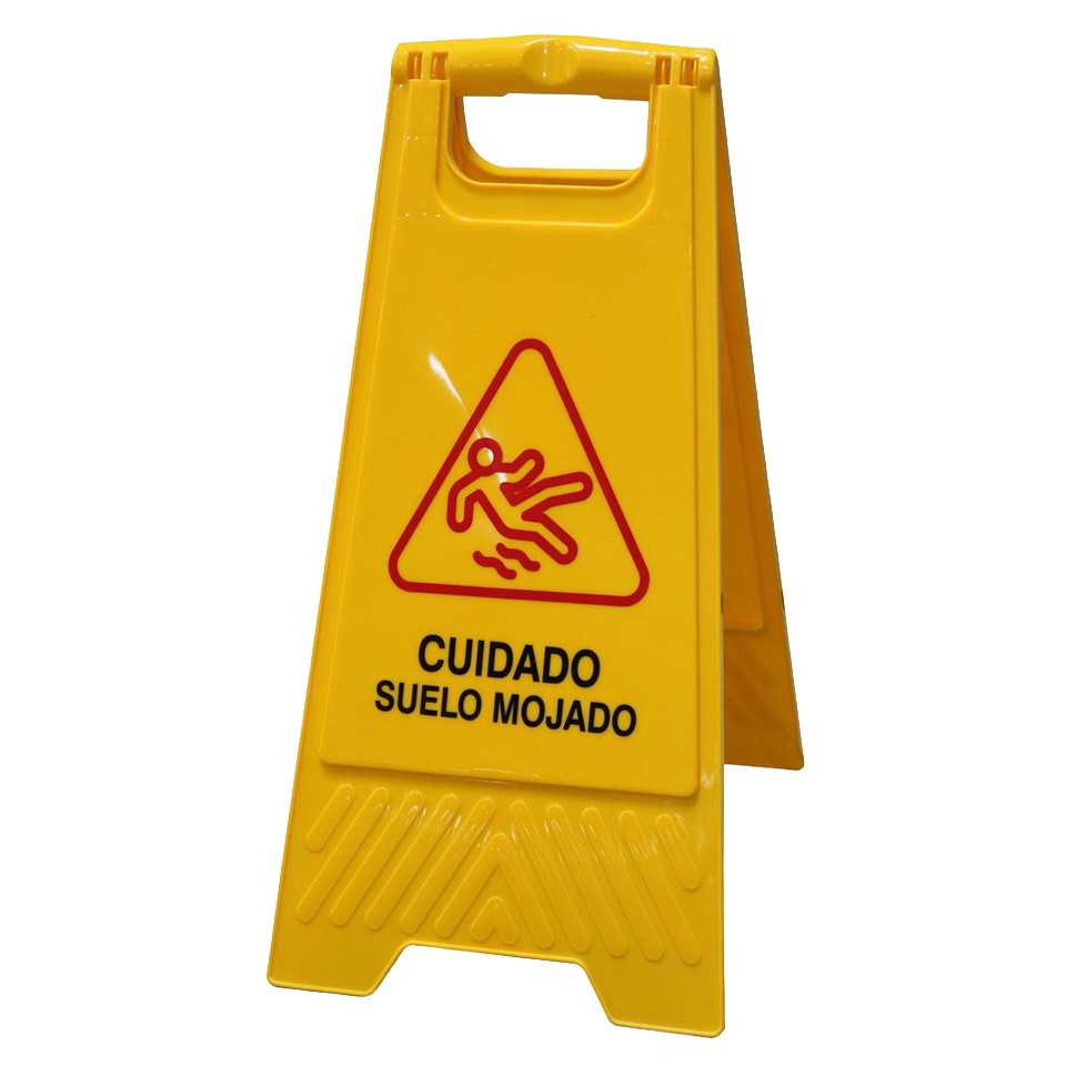 Cartel de señalización amarillo de 61 cm con el texto 'Peligro Suelo Mojado' y pictograma de una persona resbalando.
