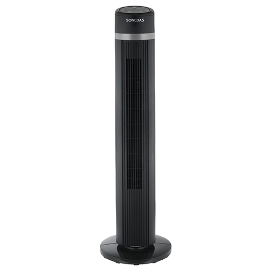 Ventilador de torre Sonedas negro ubicado en un rincón de un salón moderno, mostrando su diseño delgado que ahorra espacio.