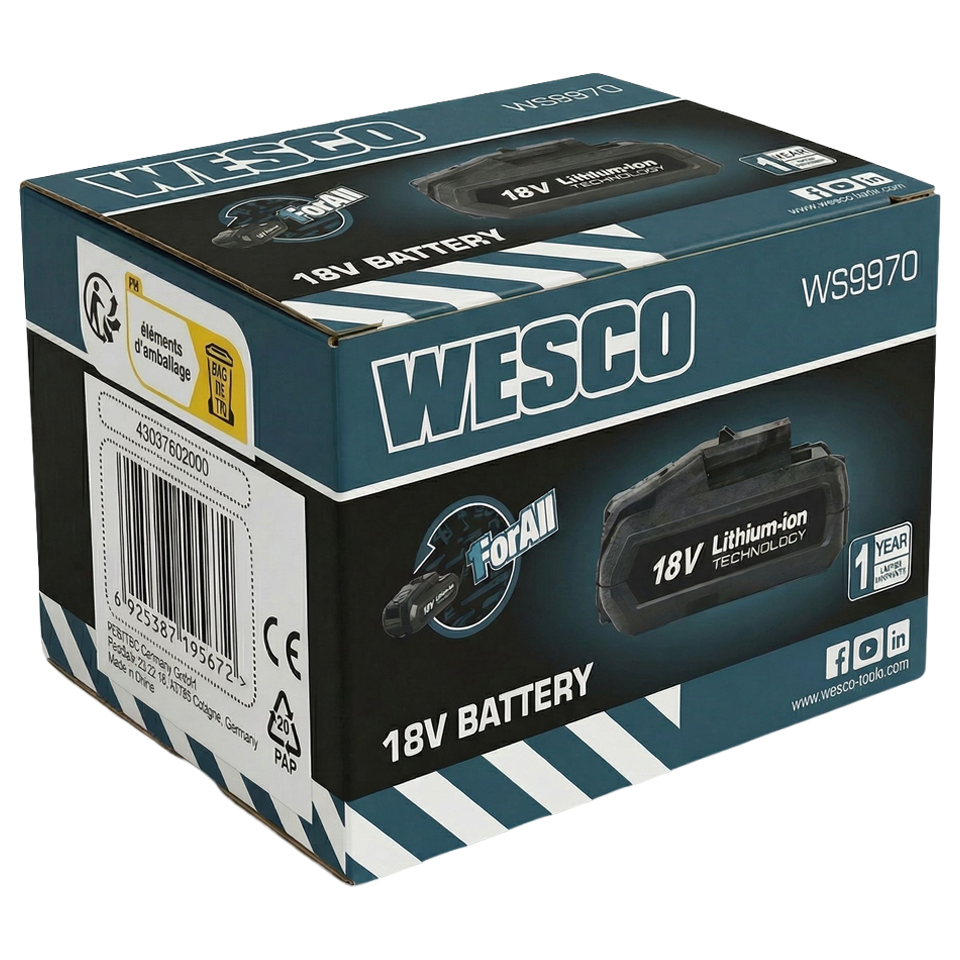 Batería de litio Wesco 18V 2.0 Ah siendo insertada en herramienta profesional
