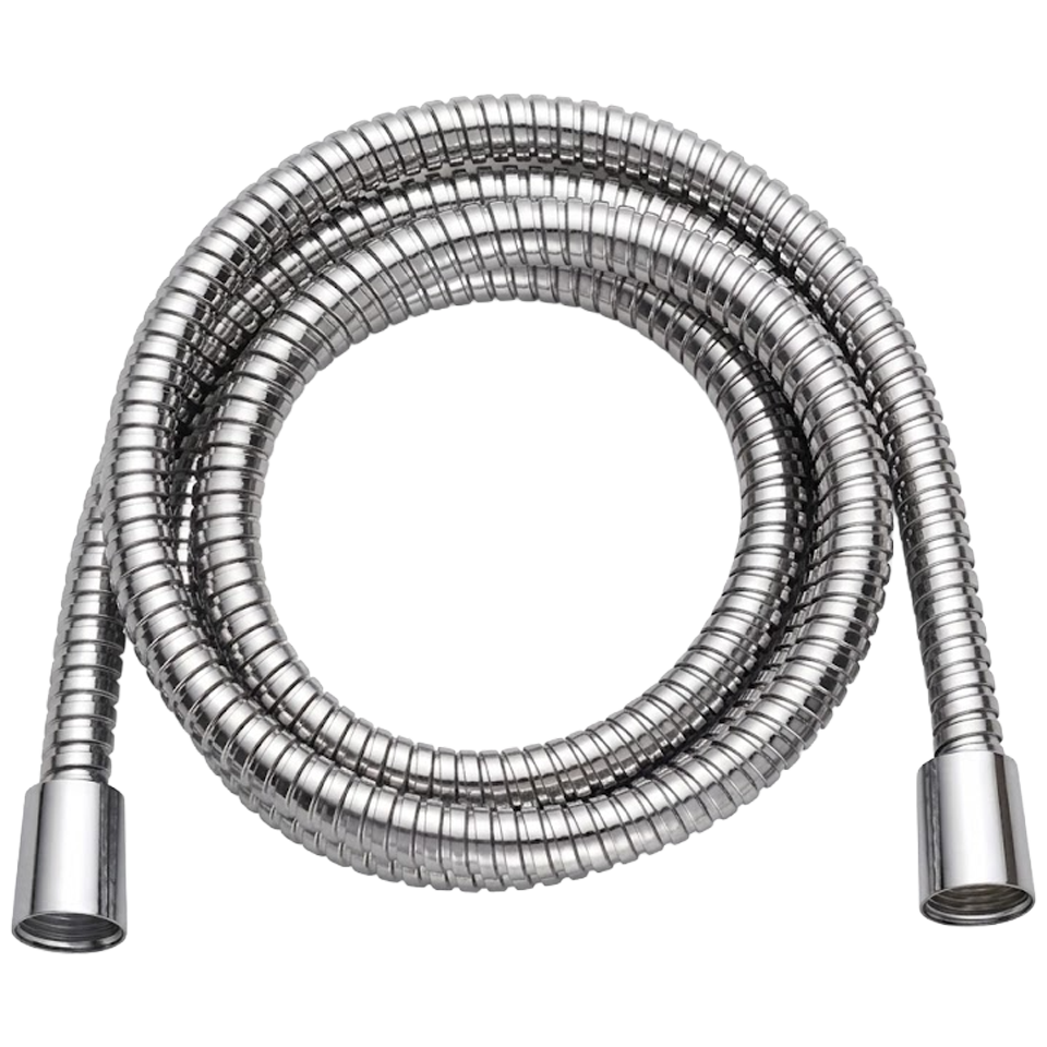 Flexo de ducha extensible de acero inoxidable H2O, mostrando su trenzado metálico y conectores de alta calidad en los extremos.
