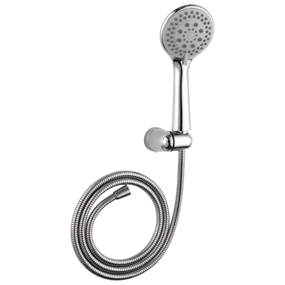 Kit de ducha completo H2O con mango de 5 funciones, soporte de pared cromado y manguera extensible de acero inoxidable sobre fondo blanco.