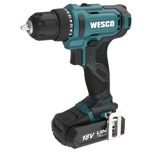 Primer plano del portabrocas de 10 mm sin llave y el selector de velocidad de dos niveles del taladro Wesco.
