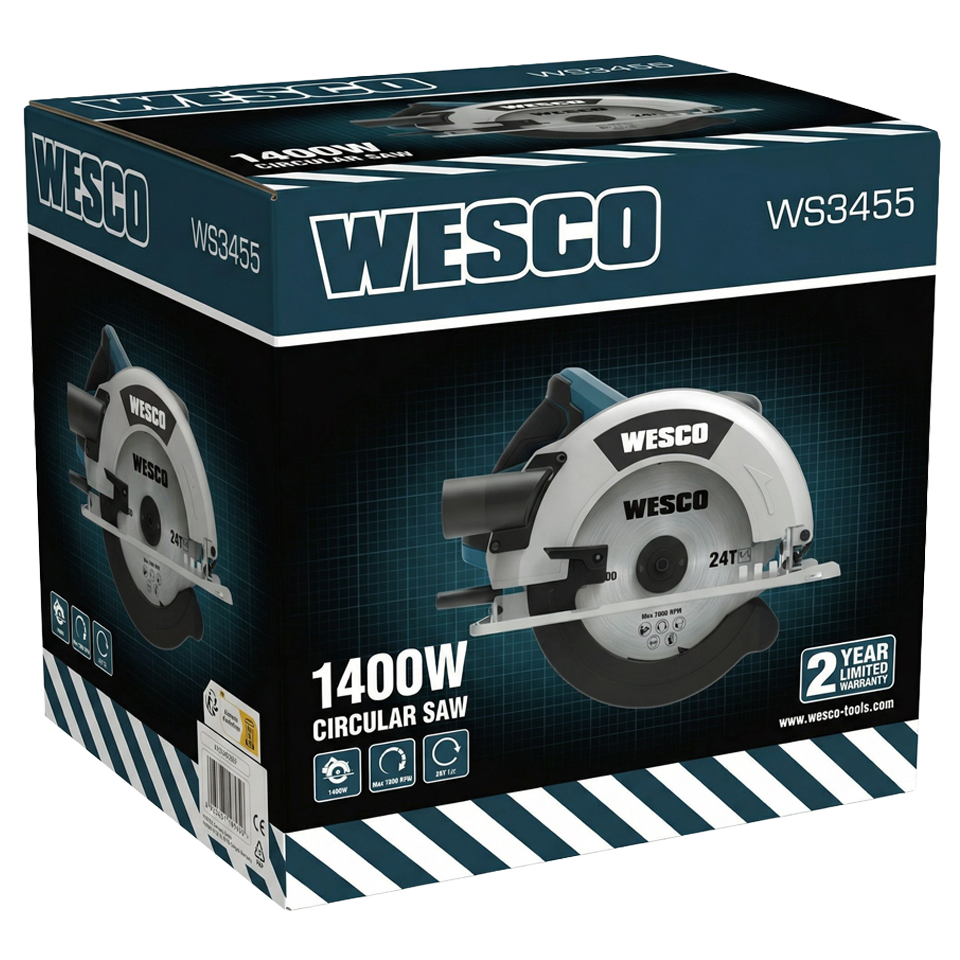 Sierra circular Wesco expuesta junto a su guía paralela de corte recto, llave Allen de servicio y disco para madera de 24 dientes
