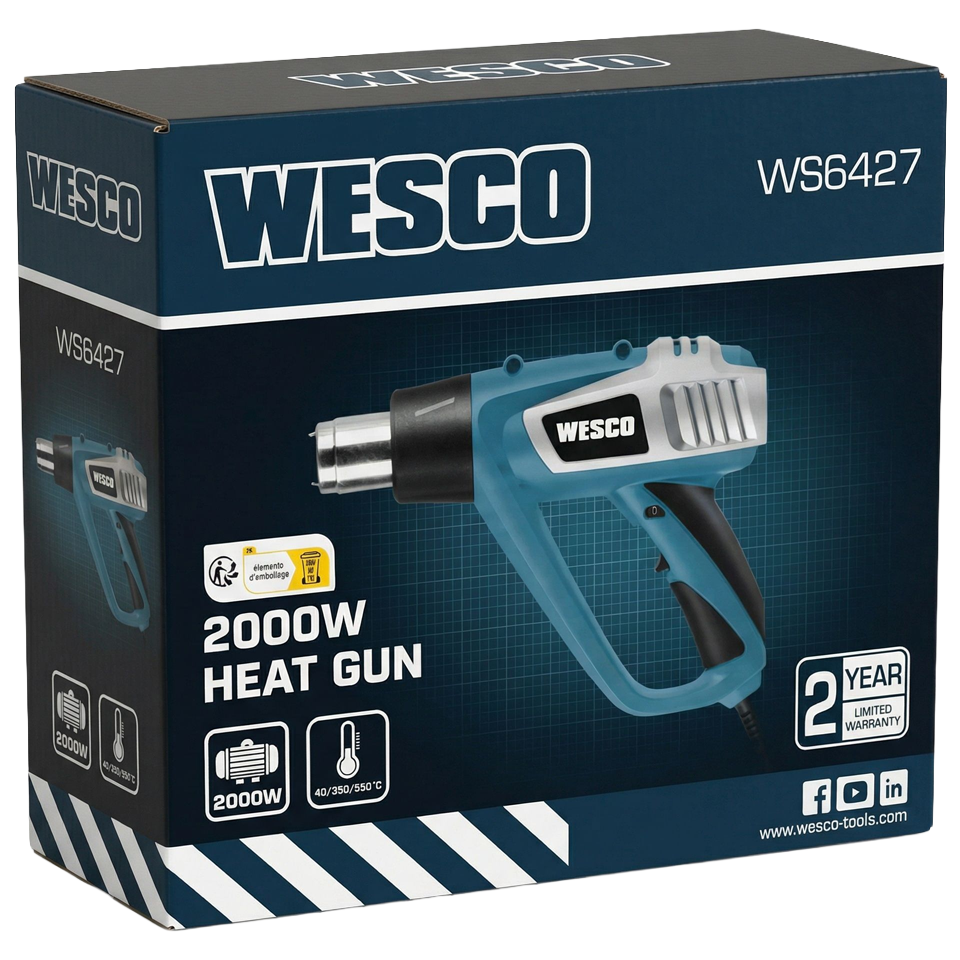Primer plano del panel de control de 3 posiciones y empuñadura ergonómica de goma sobremoldeada del decapador Wesco.
