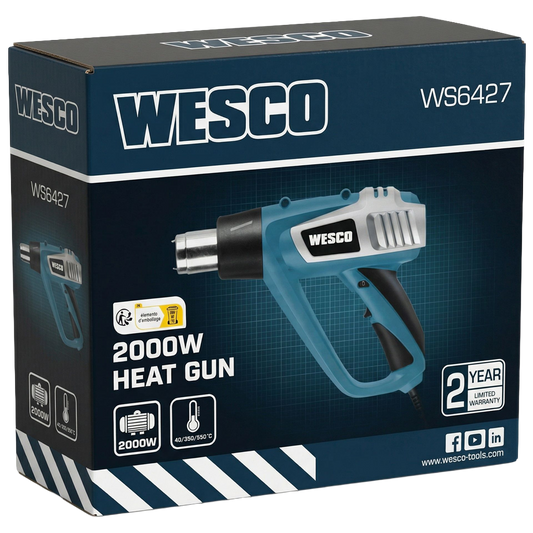 Primer plano del panel de control de 3 posiciones y empuñadura ergonómica de goma sobremoldeada del decapador Wesco.