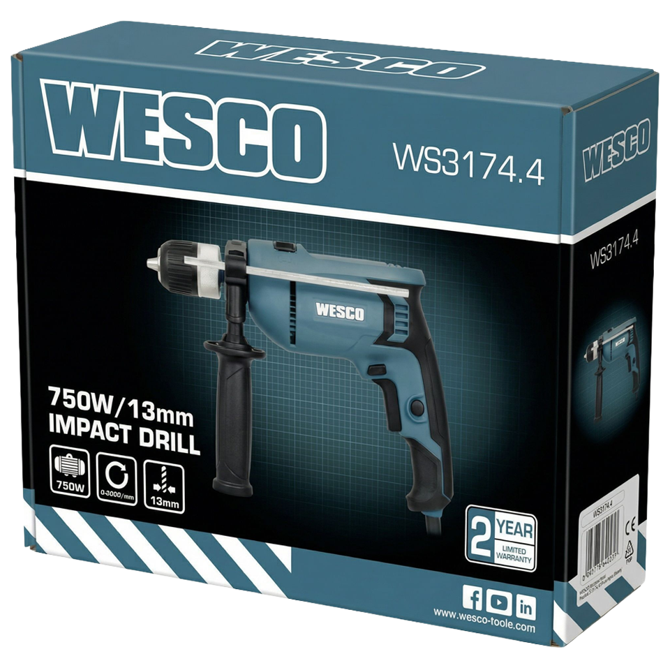 Taladro percutor Wesco junto al mango auxiliar ajustable y la varilla de medición de profundidad, listo para su uso.