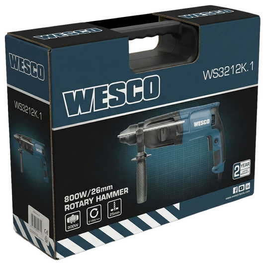 Vista detallada de los accesorios incluidos en el maletín del martillo Wesco 800W