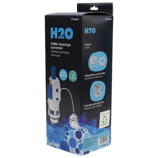 Primer plano del doble pulsador por cable H2O, mostrando el acabado cromado y el mecanismo de ahorro de agua.