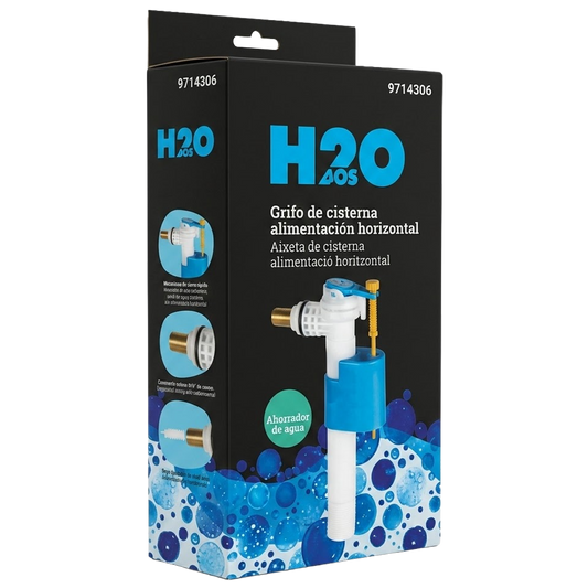 Primer plano de la rosca de latón de 3/8" y del tornillo superior de regulación de nivel del grifo de cisterna H2O.
