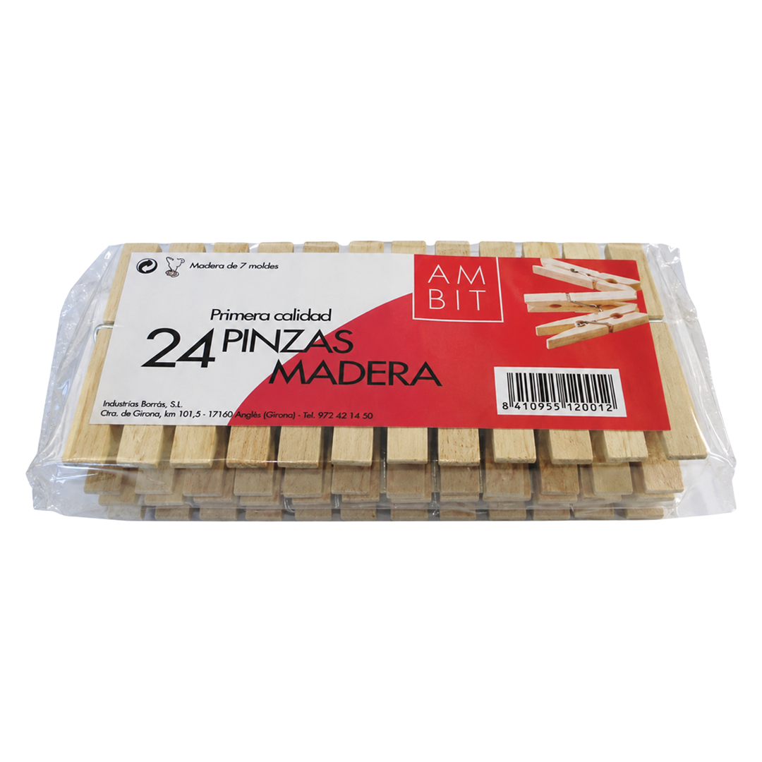 Pinzas de madera Ambit con muelle metálico de 7 vueltas pack de 24 unidades.