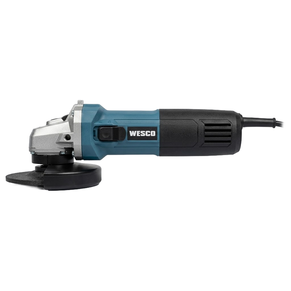 Amoladora Wesco WS4751.5 expuesta junto a su mango auxiliar roscado, carcasa protectora de seguridad y llave de apriete.