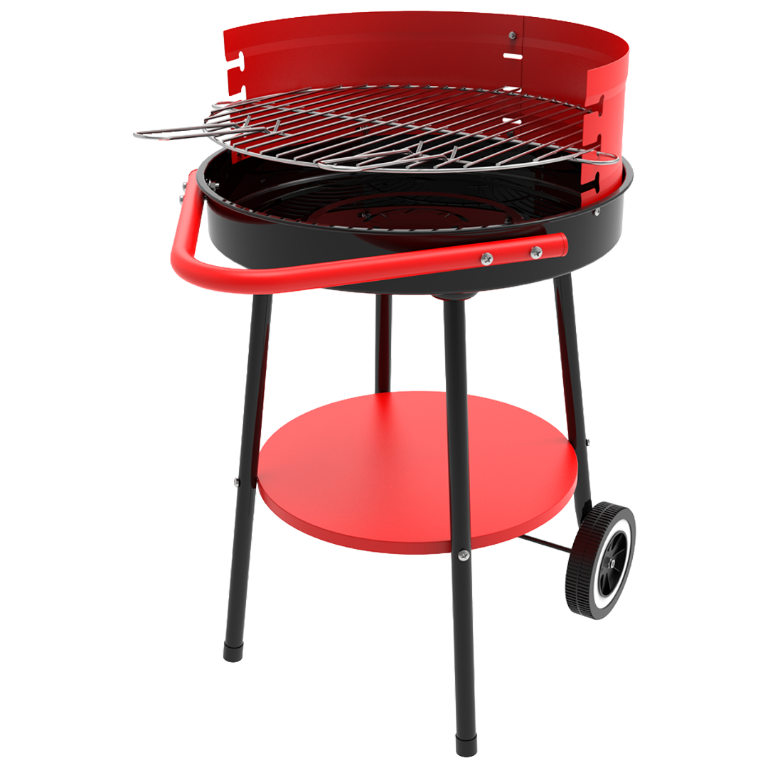 Estructura de 4 patas de acero con estante inferior portaobjetos y ruedas para barbacoa de carbon