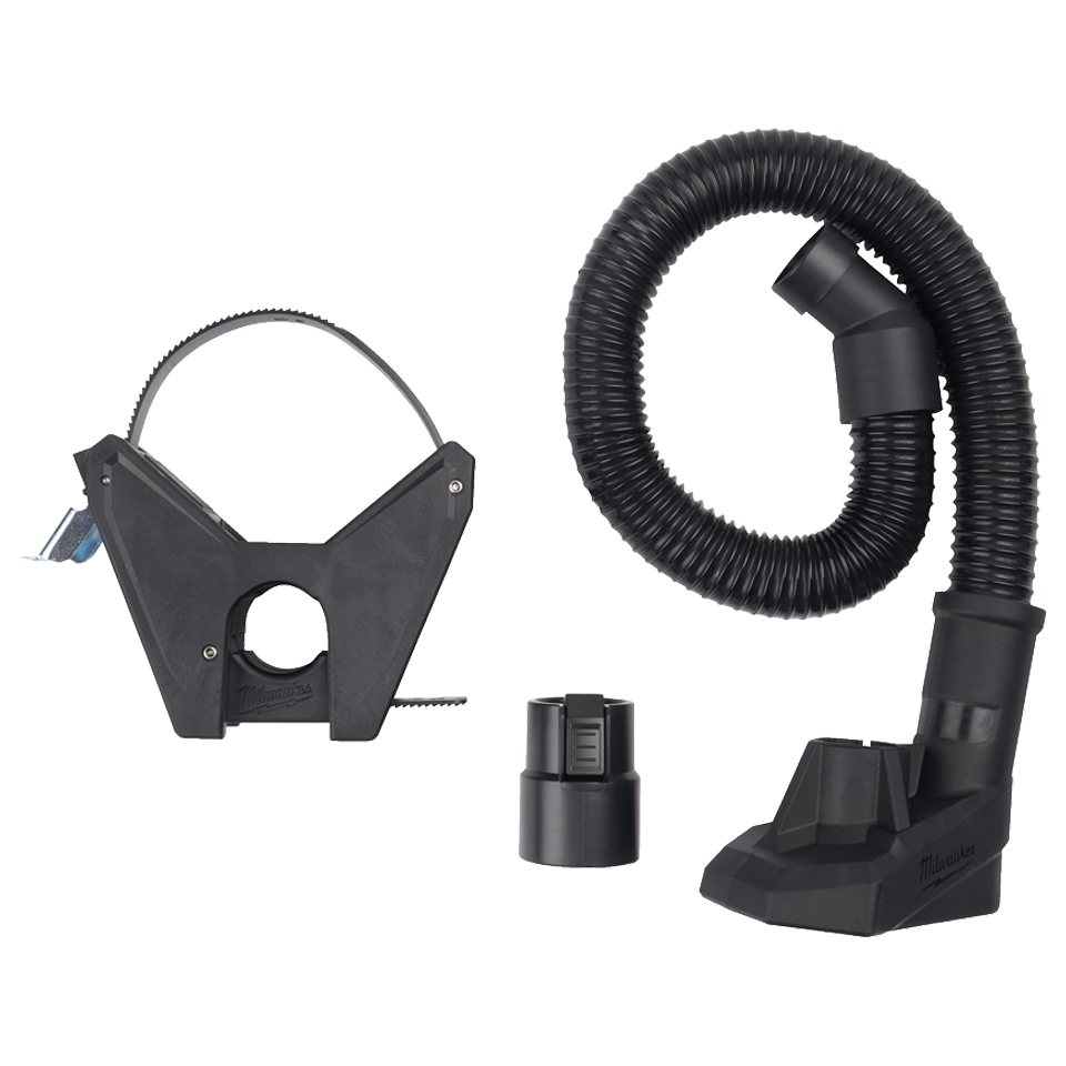 Sistema de aspiración Milwaukee Breaker Boot para martillos demoledores pesados, mostrando su diseño flexible y boquilla de conexión.