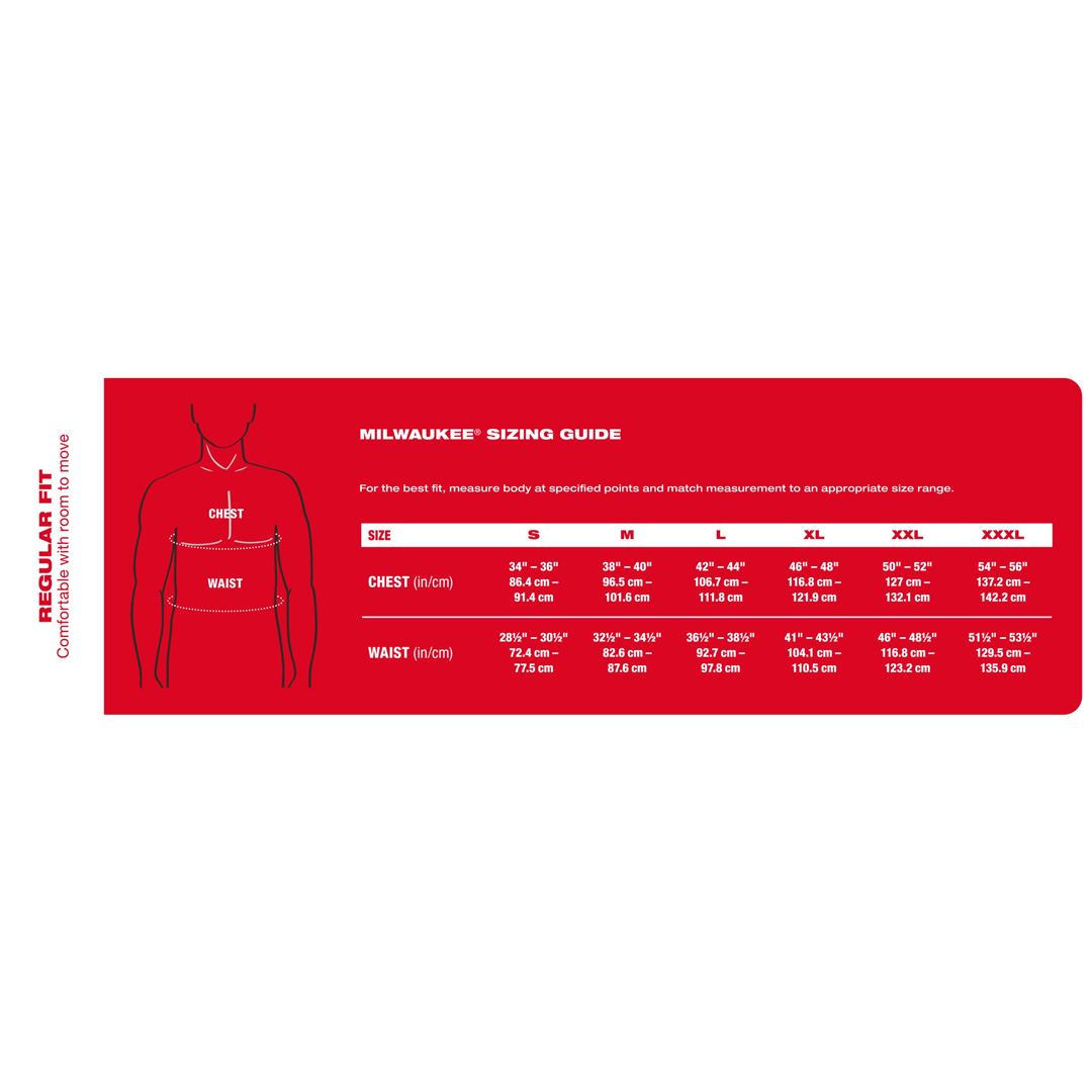 Guía de tallas de la sudadera calefactada Milwaukee M12 HHBL5 negra con tecnologia HEXON HEAT.