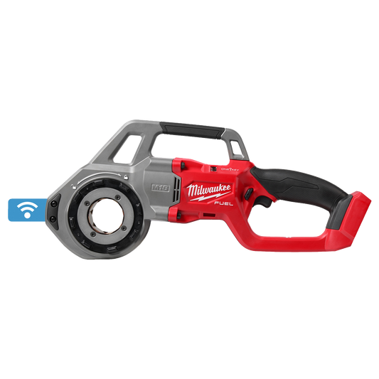 Roscadora de tubos a bateria Milwaukee M18 FPT114-0C con brazo soporte y kitbox.
