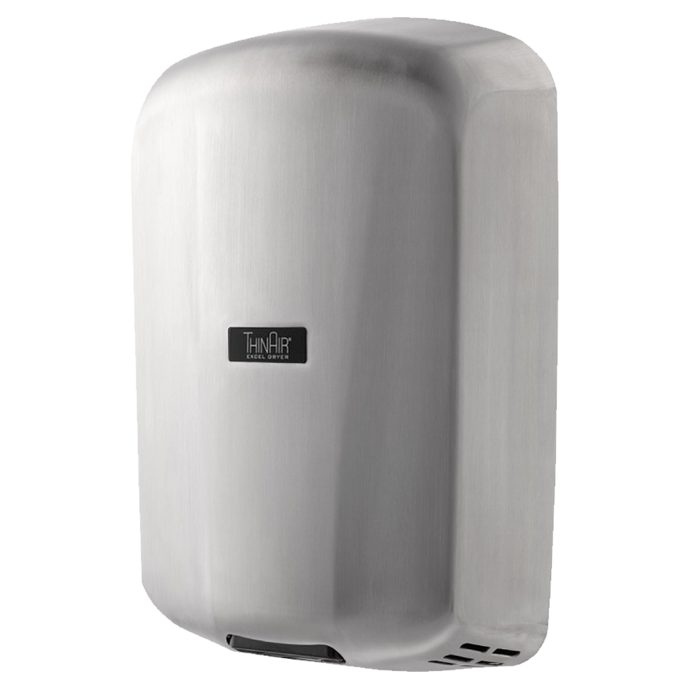 Secamanos ThinAir TA-SB de alta velocidad con cubierta de acero inoxidable satinado, perfil ultradelgado de 10 cm, ideal para baños públicos y espacios de alto tráfico.