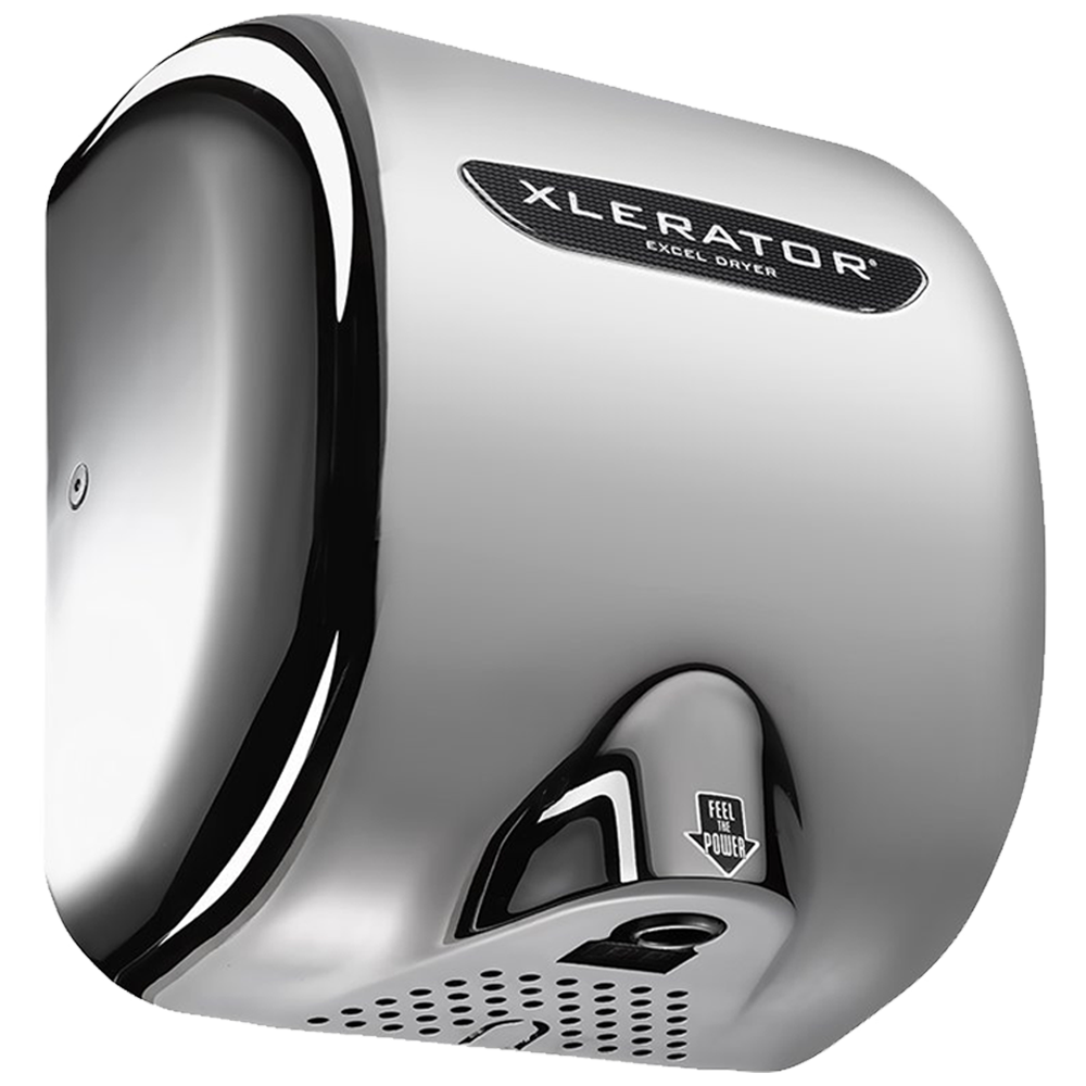 Secamanos XLERATOR XL-C de alta velocidad con cubierta metálica cromada alto brillo, diseño antivandálico, ideal para baños públicos y espacios de alto tráfico.