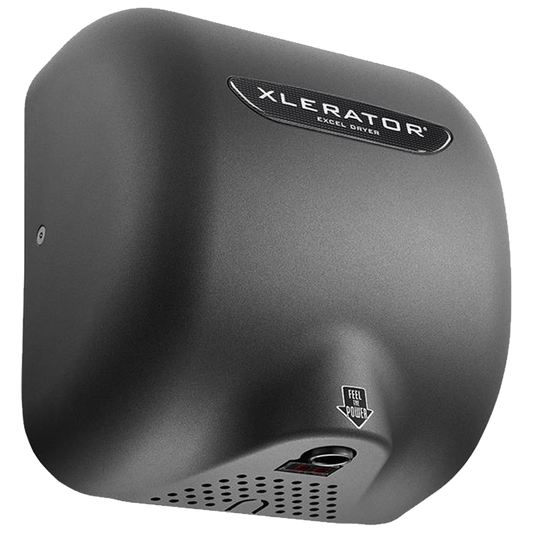 Secamanos XLERATOR XL-GR de alta velocidad con cubierta metálica acabado grafito, diseño antivandálico y sin contacto, ideal para baños públicos y espacios de alto tráfico.
