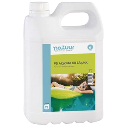 Garrafa de algicida liquido azul Natuur 5 litros para piscina.