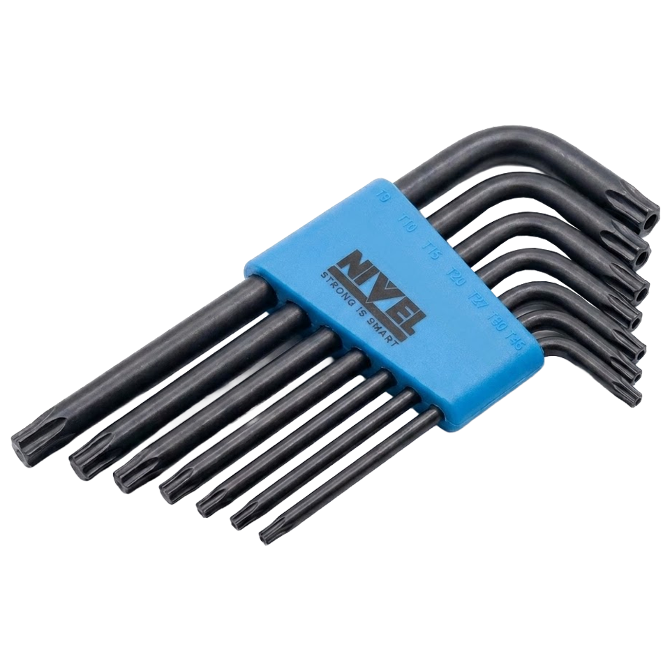 Set de 7 llaves Torx de la marca Nivel, incluyendo las medidas T10 a T40 presentadas de forma organizada.