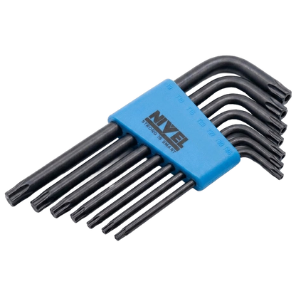 Set de 7 llaves Torx de la marca Nivel, incluyendo las medidas T10 a T40 presentadas de forma organizada.