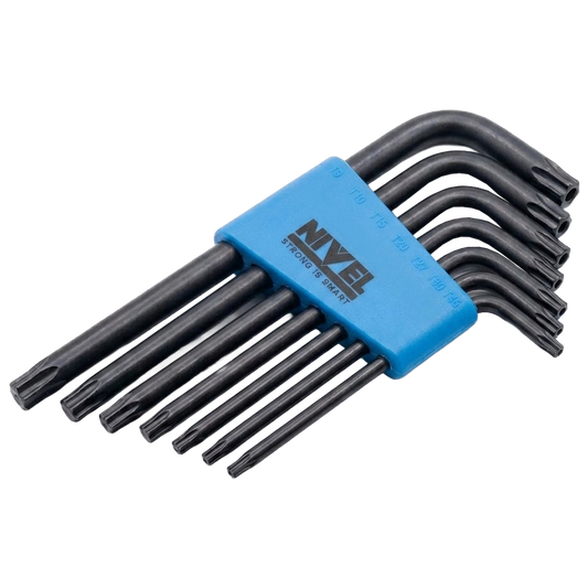 Set de 7 llaves Torx de la marca Nivel, incluyendo las medidas T10 a T40 presentadas de forma organizada.
