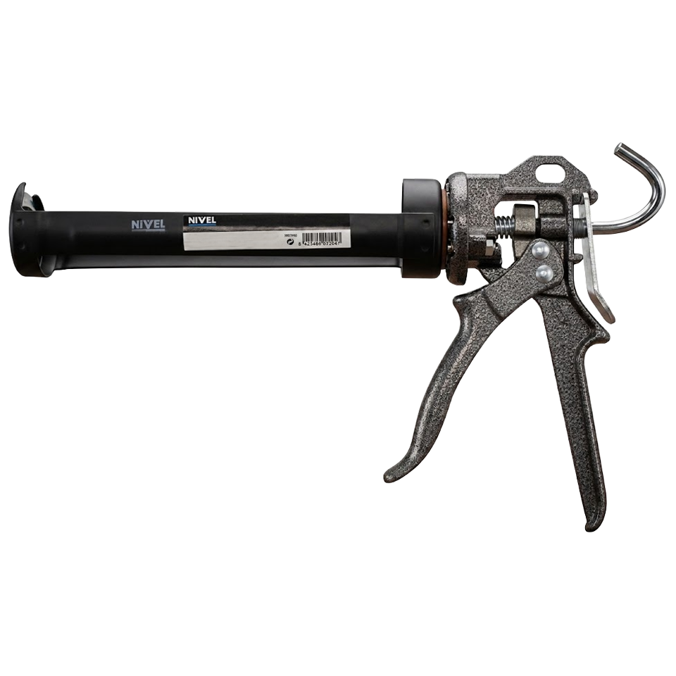 Pistola de silicona profesional Nivel con estructura metálica robusta y sistema de giro 360 grados para cartuchos estándar.