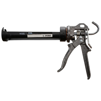 Pistola de silicona profesional Nivel con estructura metálica robusta y sistema de giro 360 grados para cartuchos estándar.