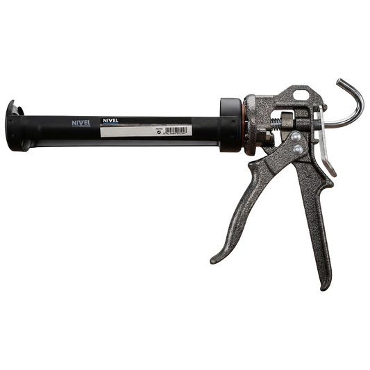 Pistola de silicona profesional Nivel con estructura metálica robusta y sistema de giro 360 grados para cartuchos estándar.