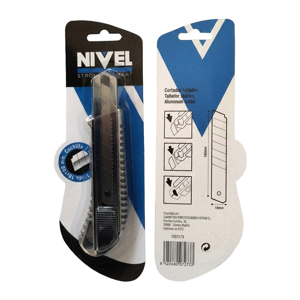 Primer plano del mecanismo de autobloqueo y la guía de acero inoxidable del cúter de aluminio Nivel, mostrando la cuchilla de 18 mm extendida.