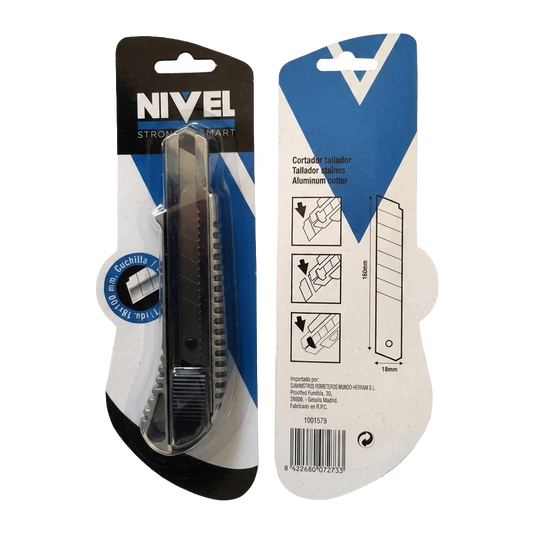 Primer plano del mecanismo de autobloqueo y la guía de acero inoxidable del cúter de aluminio Nivel, mostrando la cuchilla de 18 mm extendida.