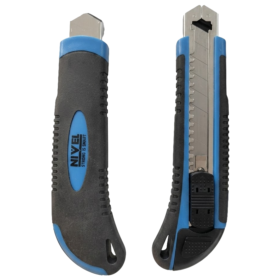 Cúter profesional bimaterial de 18 mm marca Nivel con mango ergonómico antideslizante y sistema de autobloqueo.
