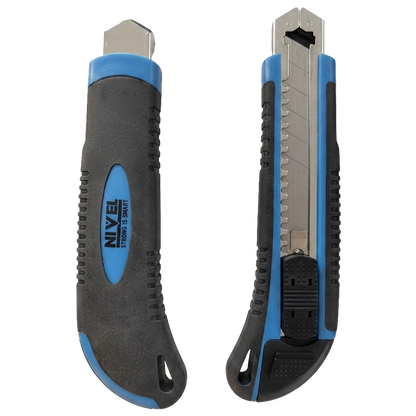 Cúter profesional bimaterial de 18 mm marca Nivel con mango ergonómico antideslizante y sistema de autobloqueo.