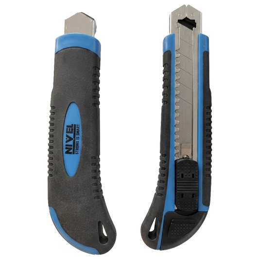 Cúter profesional bimaterial de 18 mm marca Nivel con mango ergonómico antideslizante y sistema de autobloqueo.