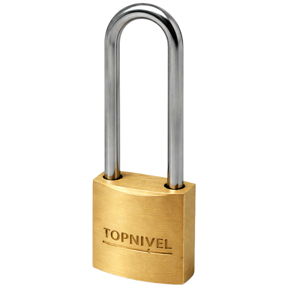 Candado de seguridad 20 mm de latón con arco largo, resistente y compacto, ideal para puertas, armarios, ganchos y uso interior o exterior.