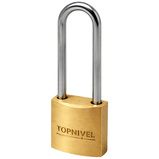 Candado de seguridad 20 mm de latón con arco largo, resistente y compacto, ideal para puertas, armarios, ganchos y uso interior o exterior.