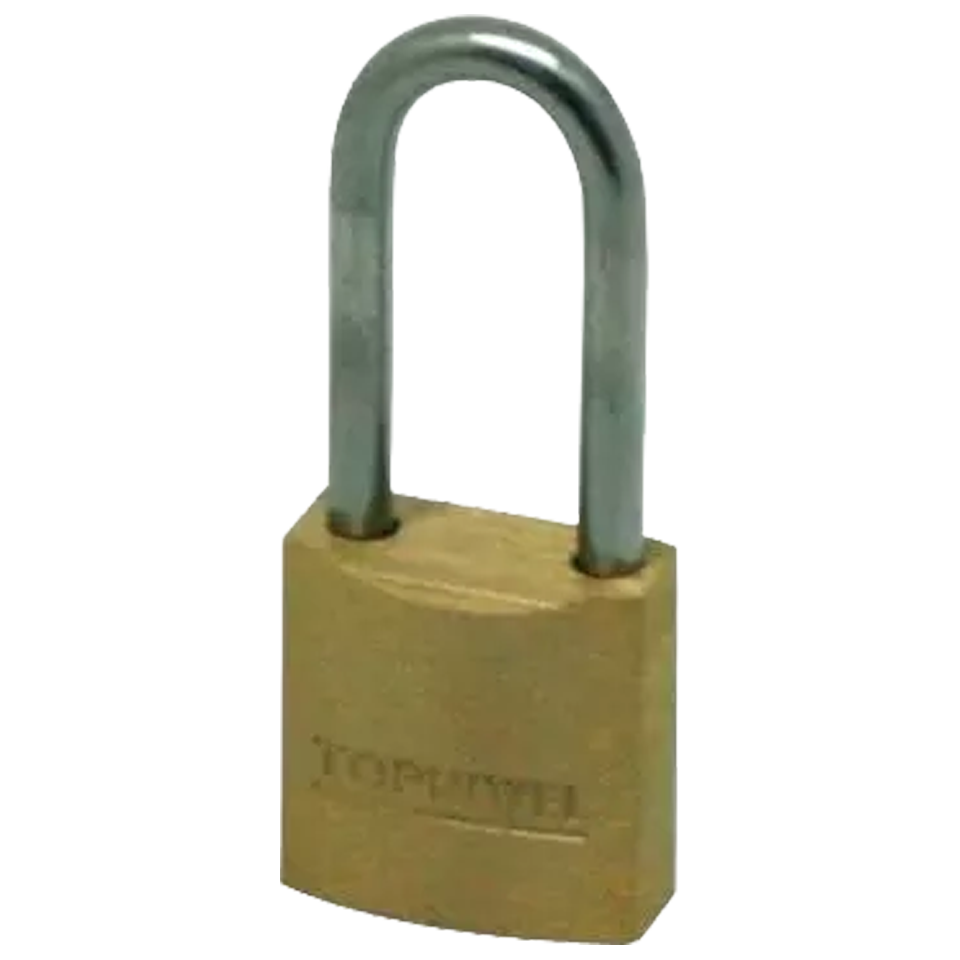 Candado de seguridad 20 mm de latón con arco largo, resistente y compacto, ideal para puertas, armarios, ganchos y uso interior o exterior.