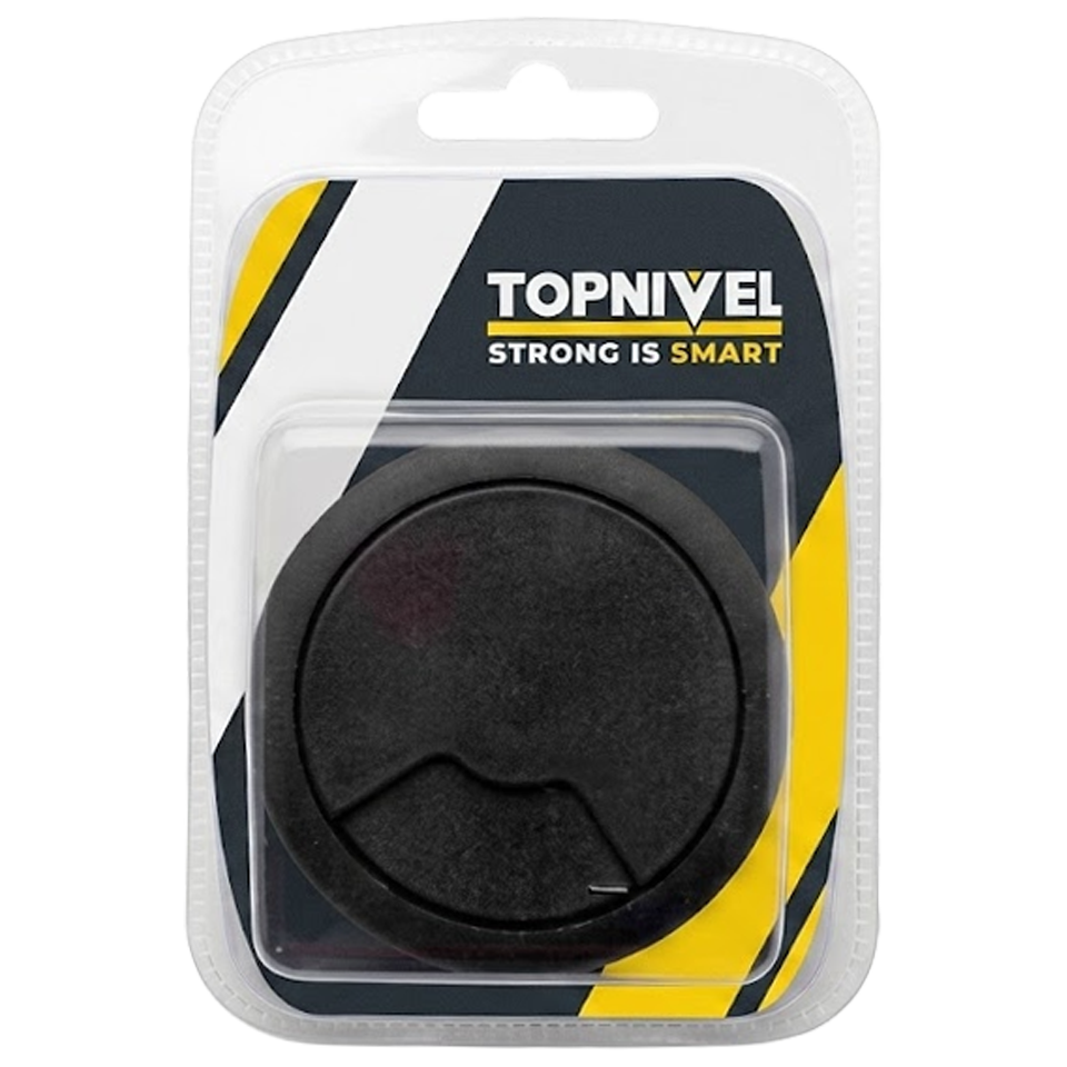 Tapa pasacables redonda de color negro marca Nivel, de 60 mm de diámetro para organización de escritorios.