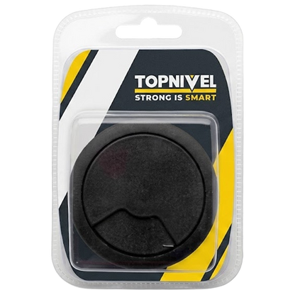 Tapa pasacables redonda de color negro marca Nivel, de 60 mm de diámetro para organización de escritorios.