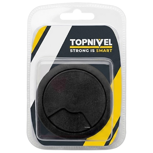 Tapa pasacables redonda de color negro marca Nivel, de 60 mm de diámetro para organización de escritorios.