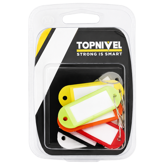 Pack de 8 portaetiquetas para llaves Nivel en colores surtidos con anilla metálica y visor transparente.