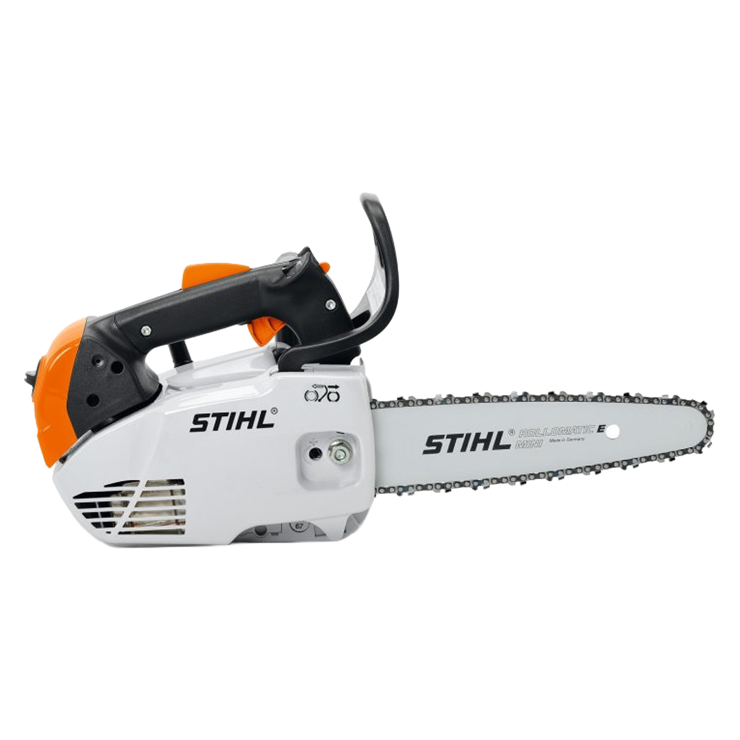 Vista lateral de la motosierra STIHL mostrando el motor 2-MIX y la empuñadura superior.