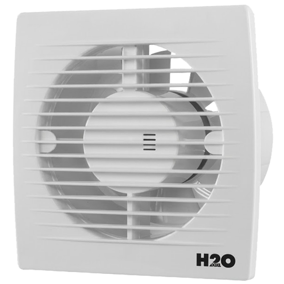 Extractor de baño plano blanco H2O de 100 mm con diseño cuadrado minimalista para instalación empotrada.