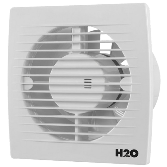 Extractor de baño plano blanco H2O de 100 mm con diseño cuadrado minimalista para instalación empotrada.