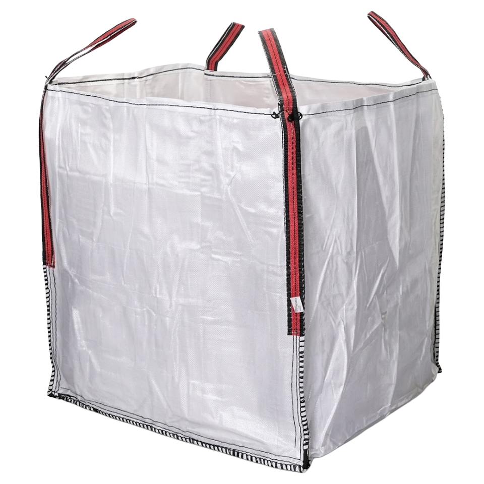 Saco Big Bag de rafia blanca de la marca Nivel, de 90x90x100 cm, con cuatro asas reforzadas en las esquinas para elevación.