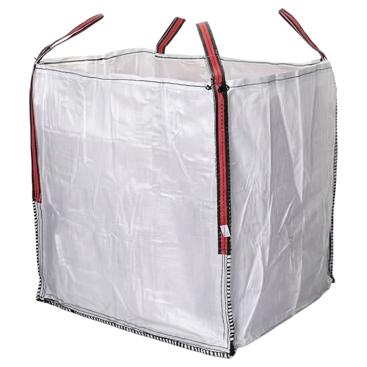 Saco Big Bag de rafia blanca de la marca Nivel, de 90x90x100 cm, con cuatro asas reforzadas en las esquinas para elevación.