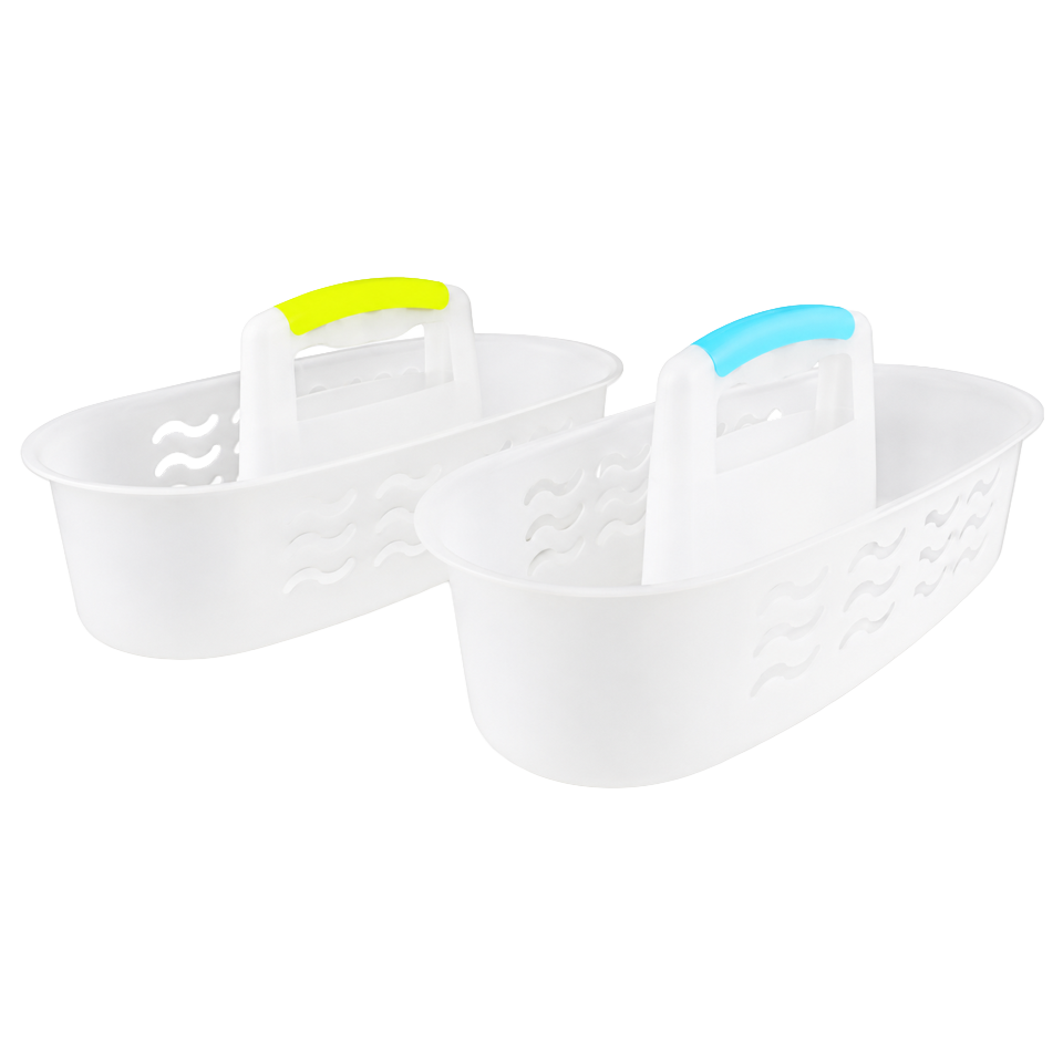 Cesta organizadora de limpieza Vivahogar de color neutro con asa central y espacio para varios botes.
