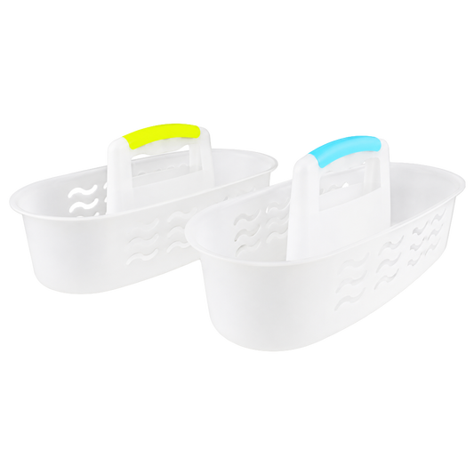 Cesta organizadora de limpieza Vivahogar de color neutro con asa central y espacio para varios botes.